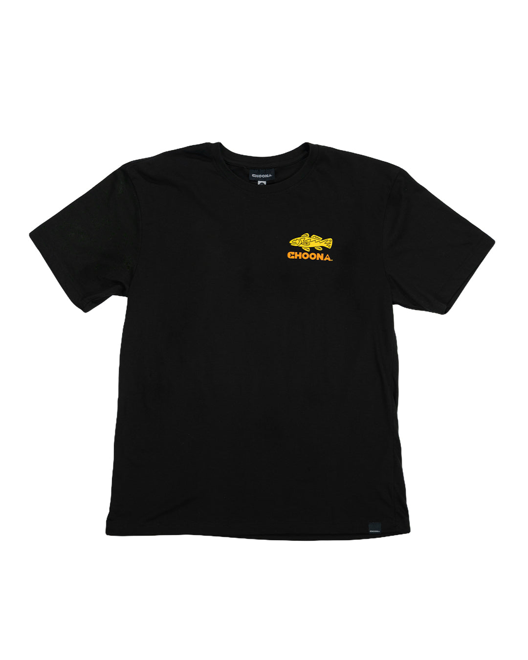 The Choona Redfish Graphic Tee is a black T-shirt with coastal charm, featuring a small yellow fish graphic and "CHOONA" in yellow on the left chest. The tee is shown laid flat on a white background.