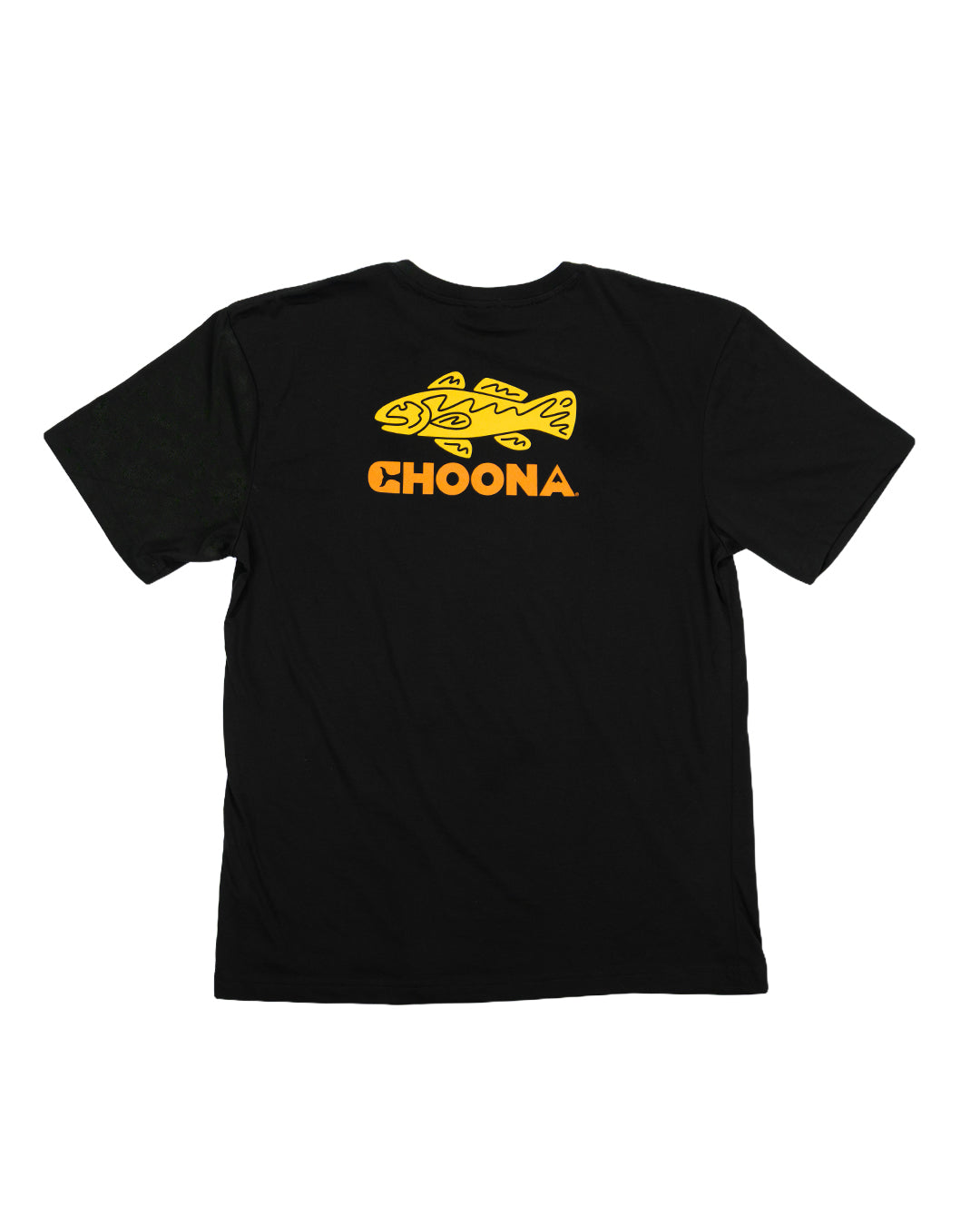 The Choona Redfish Graphic Tee is a black T-shirt made from USA-grown cotton, featuring a stylized yellow fish and bold orange "CHOONA" on the back—a perfect addition to any game fish shirt collection.
