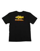 The Choona Redfish Graphic Tee is a black T-shirt made from USA-grown cotton, featuring a stylized yellow fish and bold orange "CHOONA" on the back—a perfect addition to any game fish shirt collection.