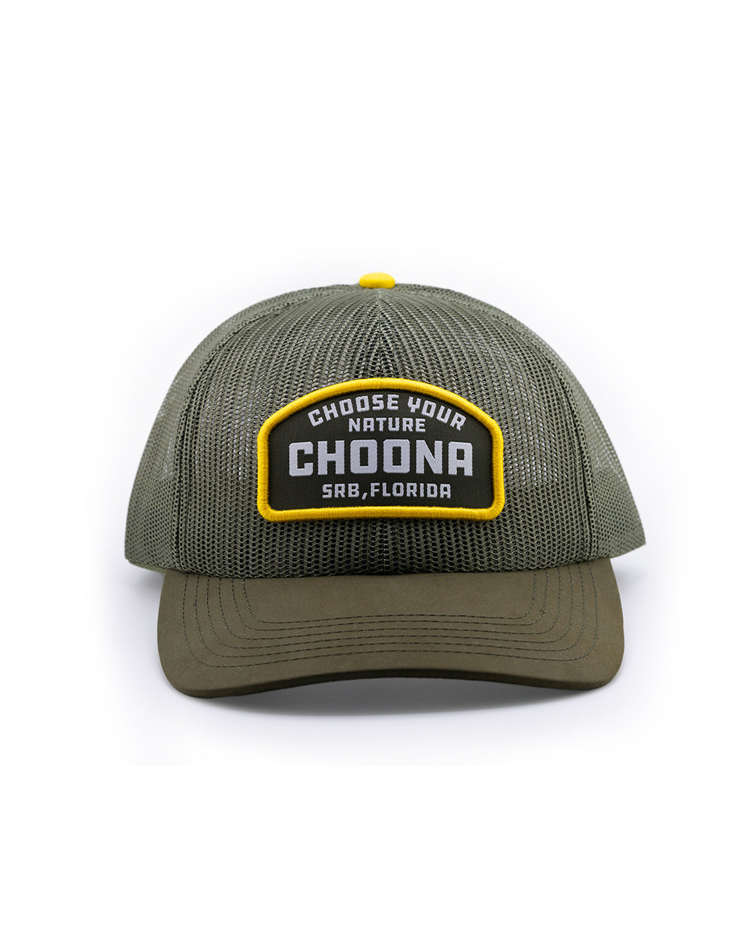 The Choona Evermesh Snapback is an olive green trucker cap featuring a yellow-bordered patch on the front that reads CHOOSE YOUR NATURE CHOONA SRB, FLORIDA. This adjustable mesh crown hat is shown against a white background.