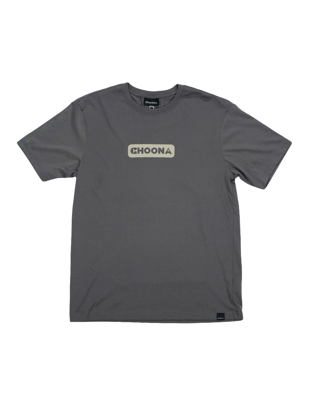 The Choona Logo Graphic Tee by Choona is a plain gray shirt made from USA-grown cotton, with "CHOONA" in bold white letters inside a beige rectangle on the chest, shown laid flat on a white background.