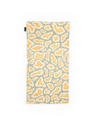 The Choona Grayton Sun Mask is a rectangular, ultra lightweight fabric with a light gray and yellow abstract spotted pattern on white, featuring a small black tag—perfect for outdoor protection or use as a sun mask.