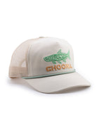 The Choona Silver King Snapback is a beige mesh trucker hat with a green and orange fish and CHOONA embroidered on the front. It features light green trim, a curved brim, mesh back, and an adjustable snapback for a custom fit.