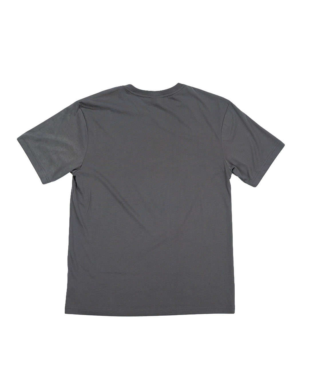 The Choona Logo Graphic Tee by Choona, a plain, short-sleeved dark gray T-shirt made from soft USA-grown cotton, is laid flat with the back side facing up on a white background.
