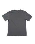 The Choona Logo Graphic Tee by Choona, a plain, short-sleeved dark gray T-shirt made from soft USA-grown cotton, is laid flat with the back side facing up on a white background.