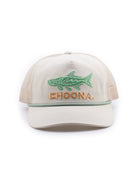 The Choona Silver King Snapback is a beige mesh-back hat with an adjustable snapback, featuring a green embroidered fish and CHOONA. stitched in gold on the front, shown against a white background.