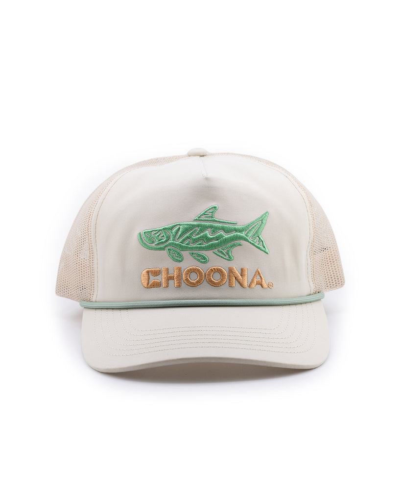 The Choona Silver King Snapback is a beige mesh-back hat with an adjustable snapback, featuring a green embroidered fish and CHOONA. stitched in gold on the front, shown against a white background.