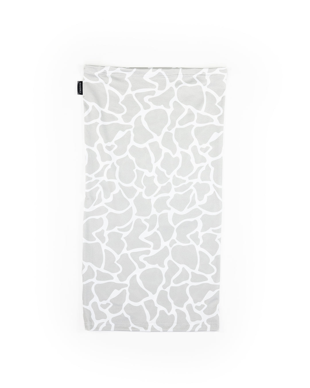 The Choona Grayton Sun Mask is a rectangular, ultra-lightweight light grey fabric tube with an abstract white giraffe print, perfect for outdoor sun protection. It is shown flat on a white background.