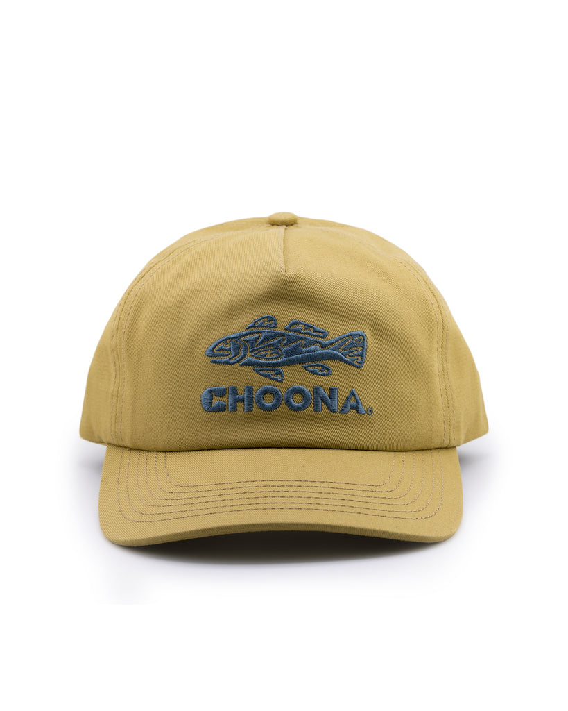 The Choona Redfish Snapback is a tan cotton canvas cap with blue fish embroidery and CHOONA on the front, featuring the classic redfish logo. Shown against a plain white background.