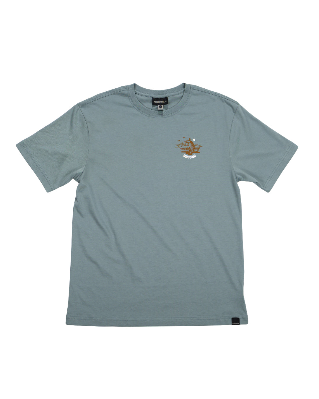 The Choona Armachillo Graphic Tee is a light blue short-sleeve retro surf shirt with a small brown graphic and "Google" on the left chest, made from USA-grown cotton. The tee is shown laid flat on a white background.