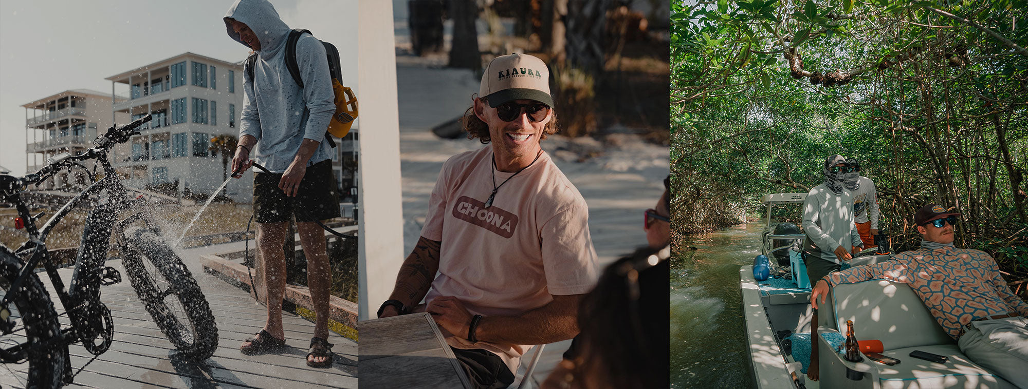 A collage of three photos: a person sprays an electric bike with water on a boardwalk; a man in sunglasses and a cap smiles outdoors; two people in a small boat ride through a lush, tree-covered waterway.